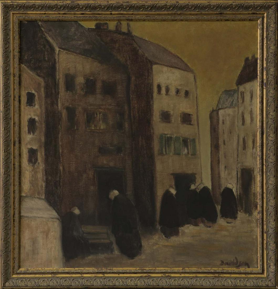 DAVIDSON 'RELIGIOUS FIGURES' OIL PAINTING CANVAS: Gothic style oil painting on canvas depicting religious figures in a city scene. Signed Davidson lower right. Measures 28" x 26 3/4" + 2 1/4" frame.