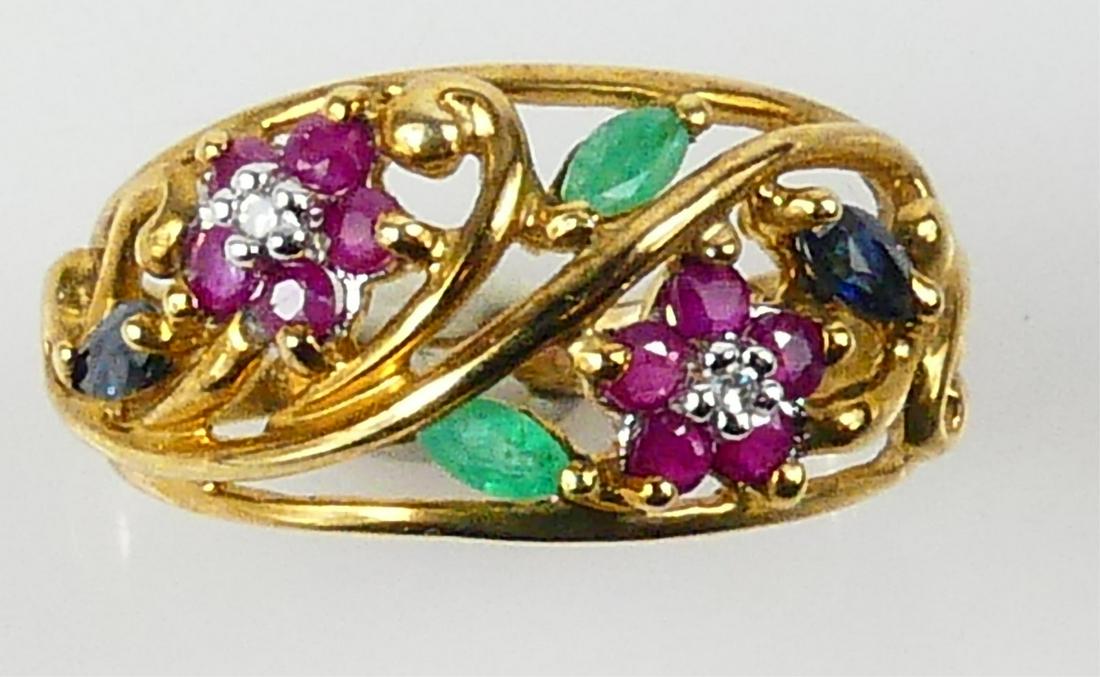 10kt YG RUBY, EMERALD, SAPH, DIAMOND FLORAL RING (1 of 8)