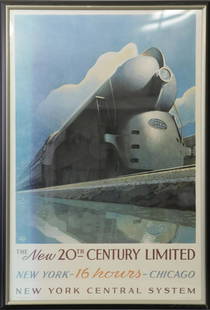 LESLIE RAGAN 'THE NEW 20th CENTURY LIMITED' POSTER: Leslie Ragan poster for The New 20th Century Limited New York - 16 hours, Chicago, New York Central System. Signed in the plate to image lower left. Inscribed Latham Litho Co., Long Island City lower