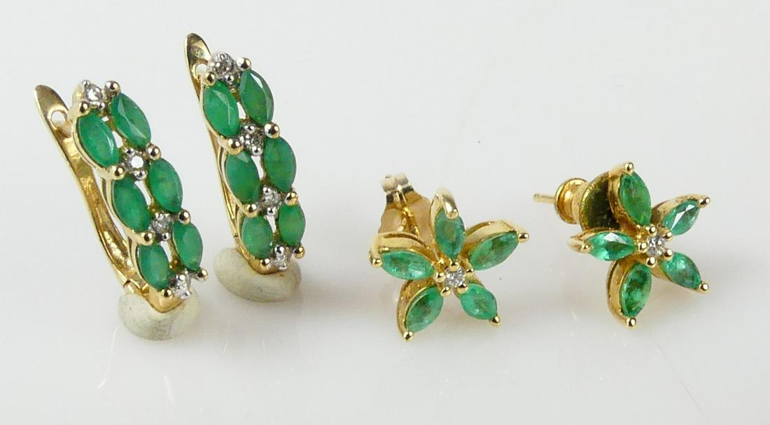 2pr YELLOW GOLD EMERALD & DIAMOND EARRINGS (1 of 4)