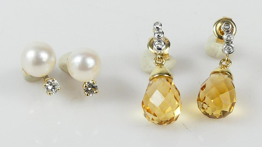 2pr 14kt YELLOW GOLD PEARL DIAMOND CITRINE EARRING (1 of 4)