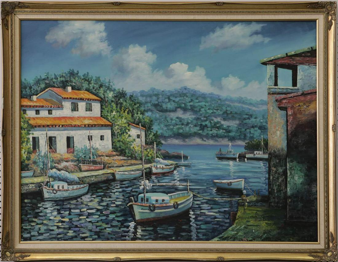 MID-CENTURY MEDITERRANEAN SEASCAPE PAINTING SIGNED (1 of 8)