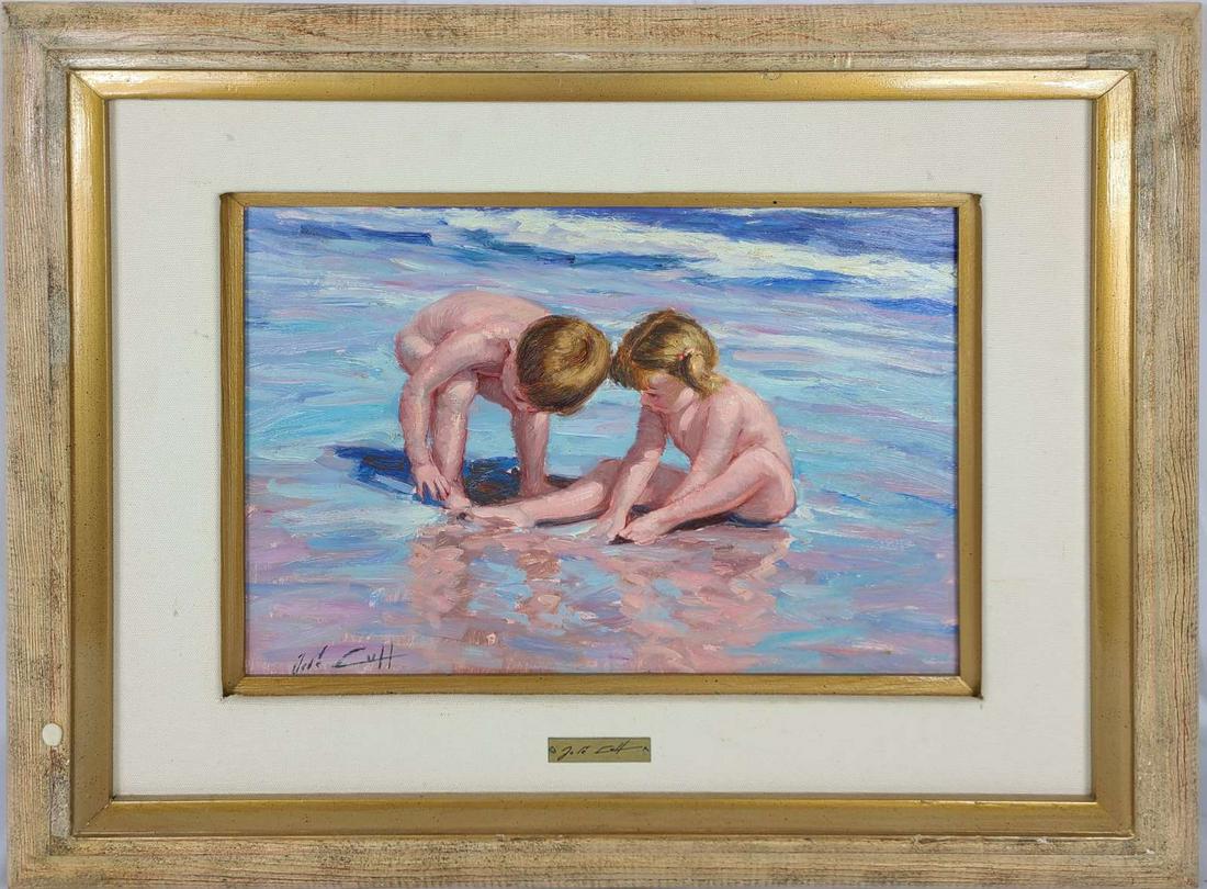 JOSE LULL 'A LA ORILLA DEL MAR' OIL PAINTING: Jose Lull (Spanish, b.1933) oil painting on masonite. Titled 'A la Orilla del Mar'. Signed lower left. Signed, titled and dated 1983 to verso. Measures 15 3/8" x 11 1/2" + 4 3/4" frame.