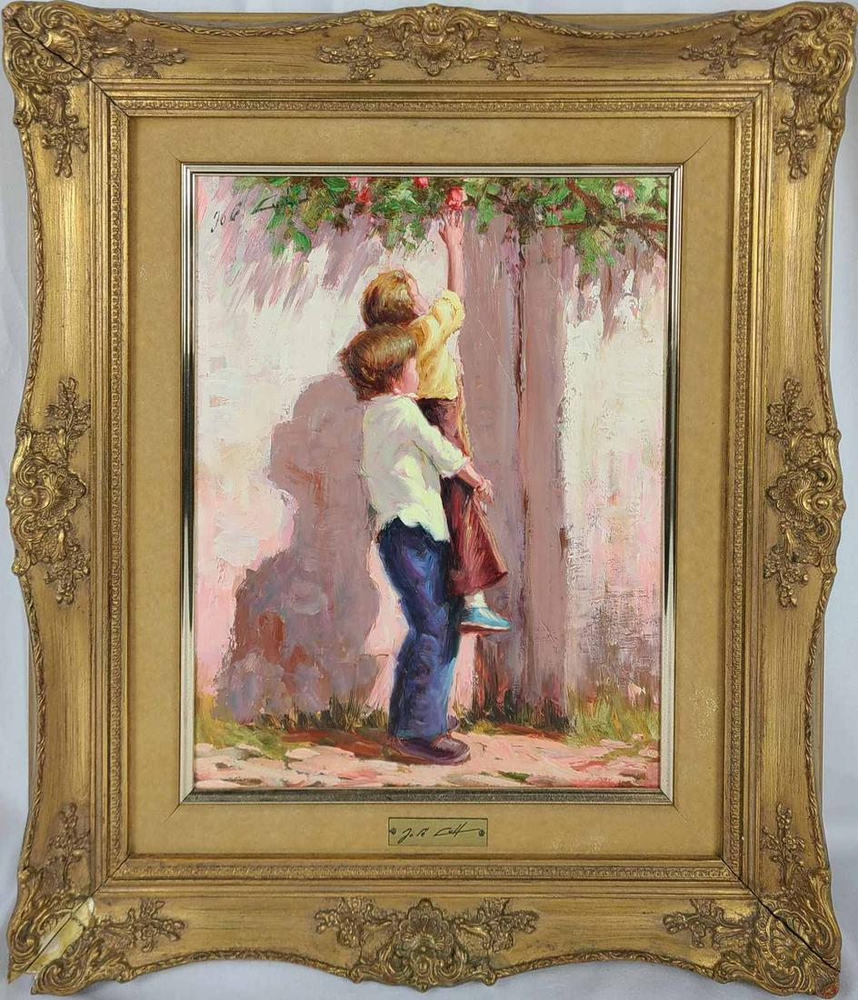JOSE LULL 'MAS ARRIBA!' OIL PAINTING: Jose Lull (Spanish, b.1933) oil painting on masonite. Titled 'Mas Arriba!'. Signed upper left. Signed, titled and dated 1985 to verso. Measures 13 1/2" x 10 1/4" + 3 1/2" frame.
