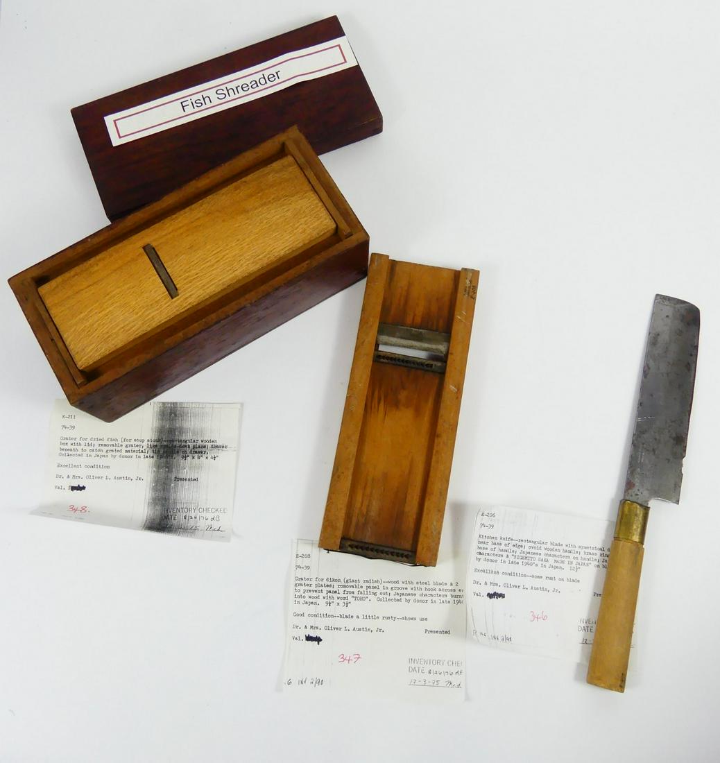 3pc JAPANESE KITCHEN KNIFE & GRATERS: Japanese kitchen knife with rectangular blade-12", dikon wood grater-9 1/2" and dried fish grater-10".