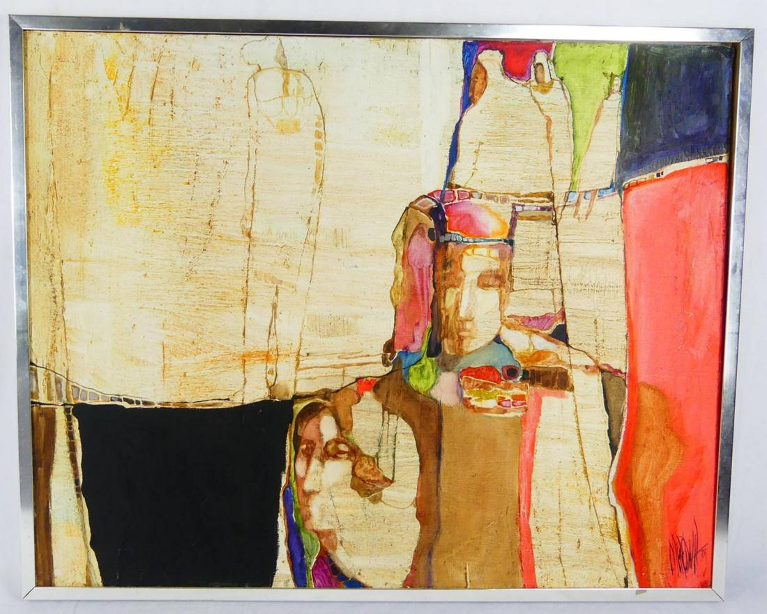 MEREDITH MILLER ABSTRACT ACRYLIC ON CANVAS: Meredith Miller (American, 20th C) acrylic painting on canvas depicting abstract portraits. Reminiscent of Gregory Hawthorne. Signed lower right and dated 1975. Measures 29 5/8" x 23 5/8" + 5/8" frame