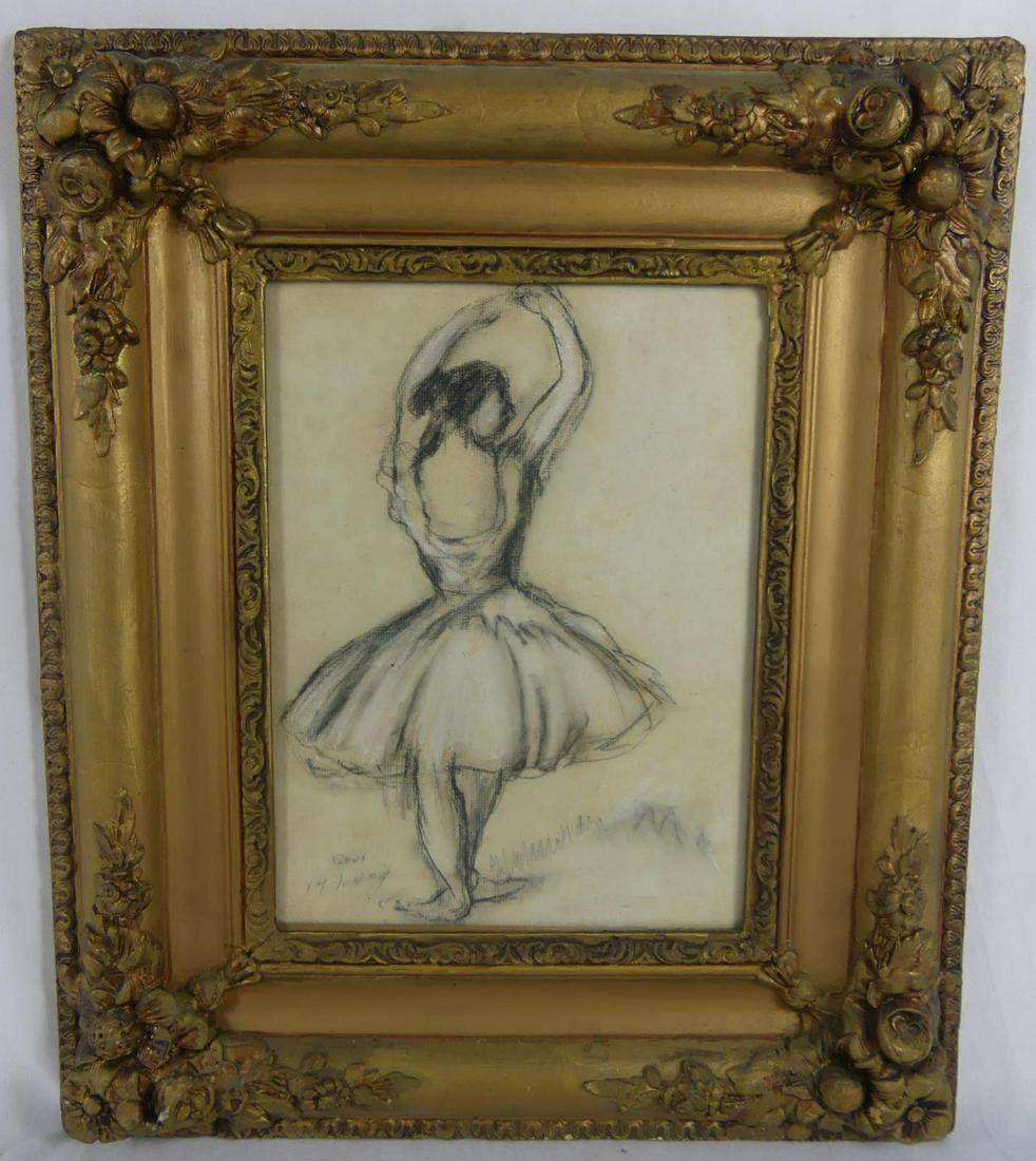 FRENCH BALLERINA CHARCOAL ON PAPER DEGAS STYLE: Antique French charcoal drawing on paper depicting a Ballerina in the style of Edgar Degas. Possible signature lower left. Dated June 14, 2004. Measures 12 1/2" x 9" + 4 1/4" frame.