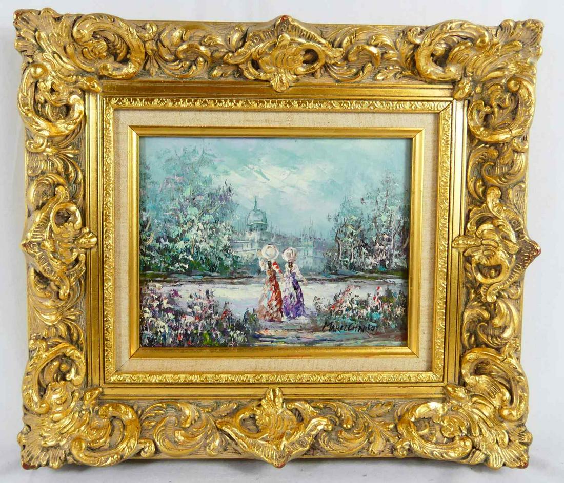 MARIE CHARLOT STYLE OIL PAINTING ON BOARD: Marie Charlot style oil painting on board depicting two figures in a garden scene. Signed lower right. Measures 9 1/4" x 7 1/4" + 3 3/4".