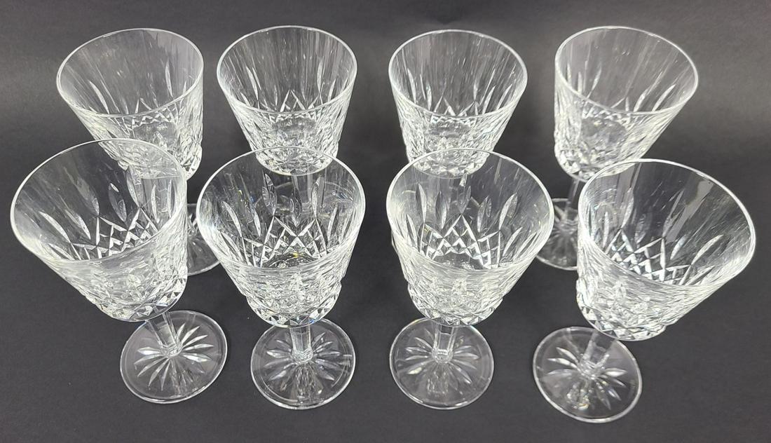 8pc WATERFORD LISMORE CRYSTAL CLARET WINE GLASSES: 8 pieces of Waterford cut crystal stemware in the Lismore pattern. Stemmed Claret Wine goblets / glasses. Each marked to underside and measures 5 7/8" height.