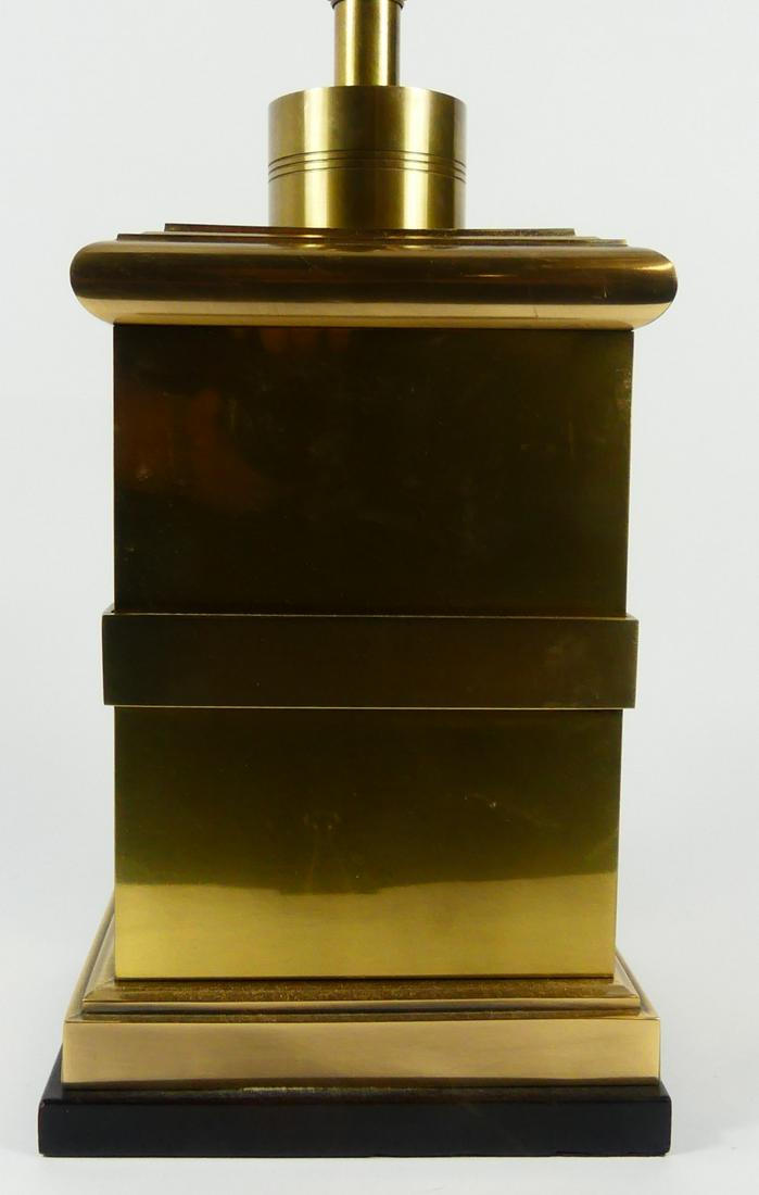 FREDERICK COOPER MODERN BRASS LAMP: Frederick Cooper modern brass lamp with rectangular body. Holds label to socket. Measures 18 3/4" height x 8 1/2" width.