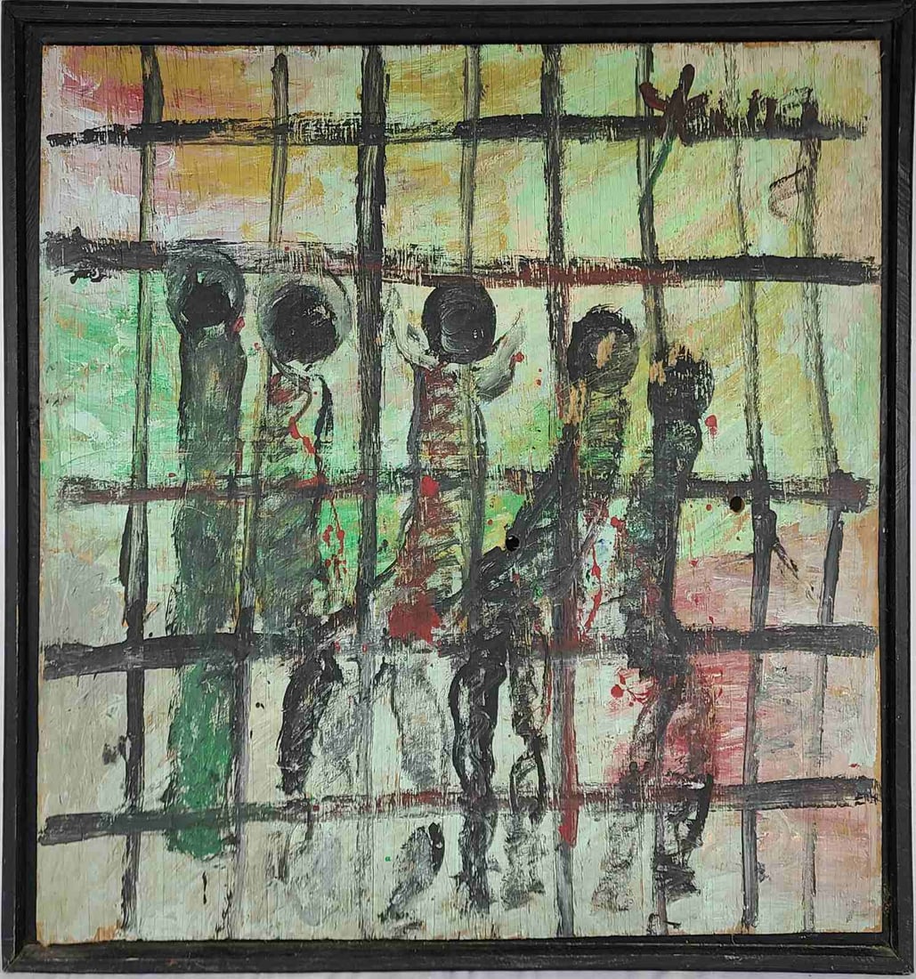 PURVIS YOUNG 'FIVE FIGURES IN PRISON' OIL ON BOARD (1 of 8)