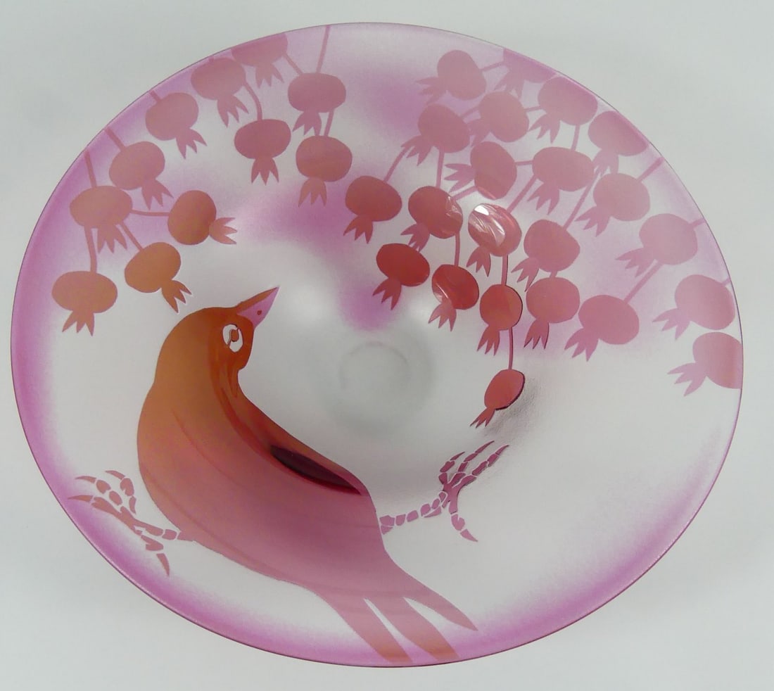PAUL HOFF FOR KOSTA BODA CAMEO GLASS BOWL: Paul Hoff for Kosta Boda etched cameo art glass bowl. Depicts a bird with cherries. Signed and dated 1976 to underside.
