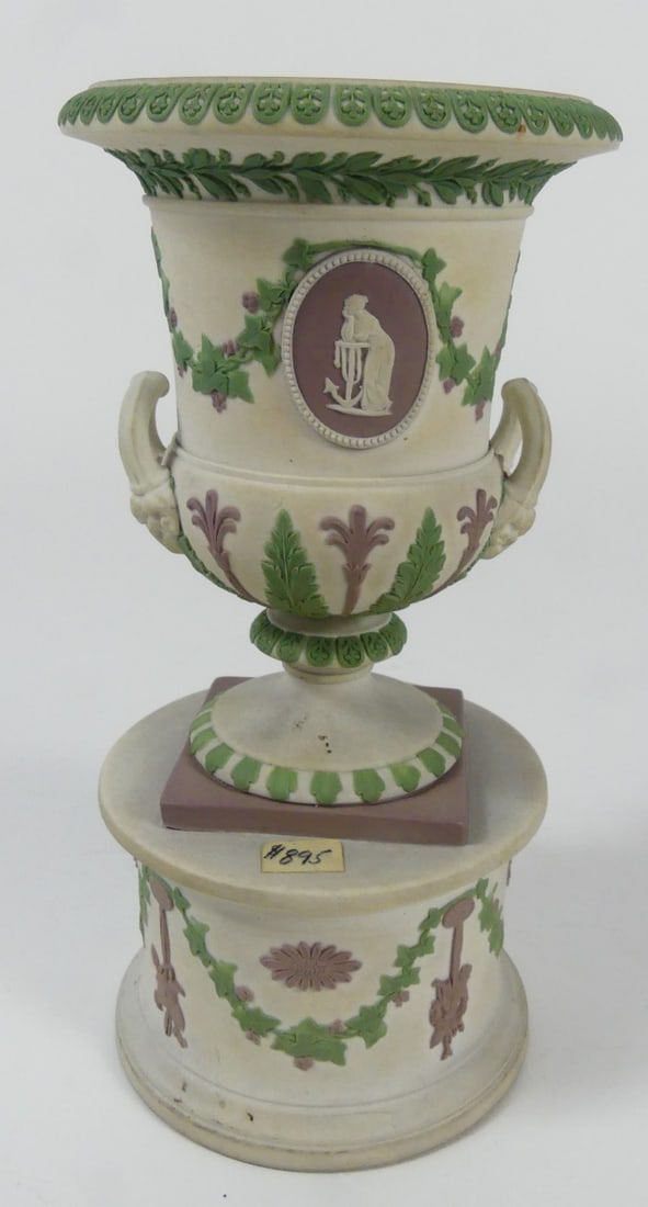 WEDGWOOD TRI-COLOR JASPERWARE URN: Wedgwood tri color bisque porcelain urn of campagna form. Impressed to underside. Measures 6 5/8" height.