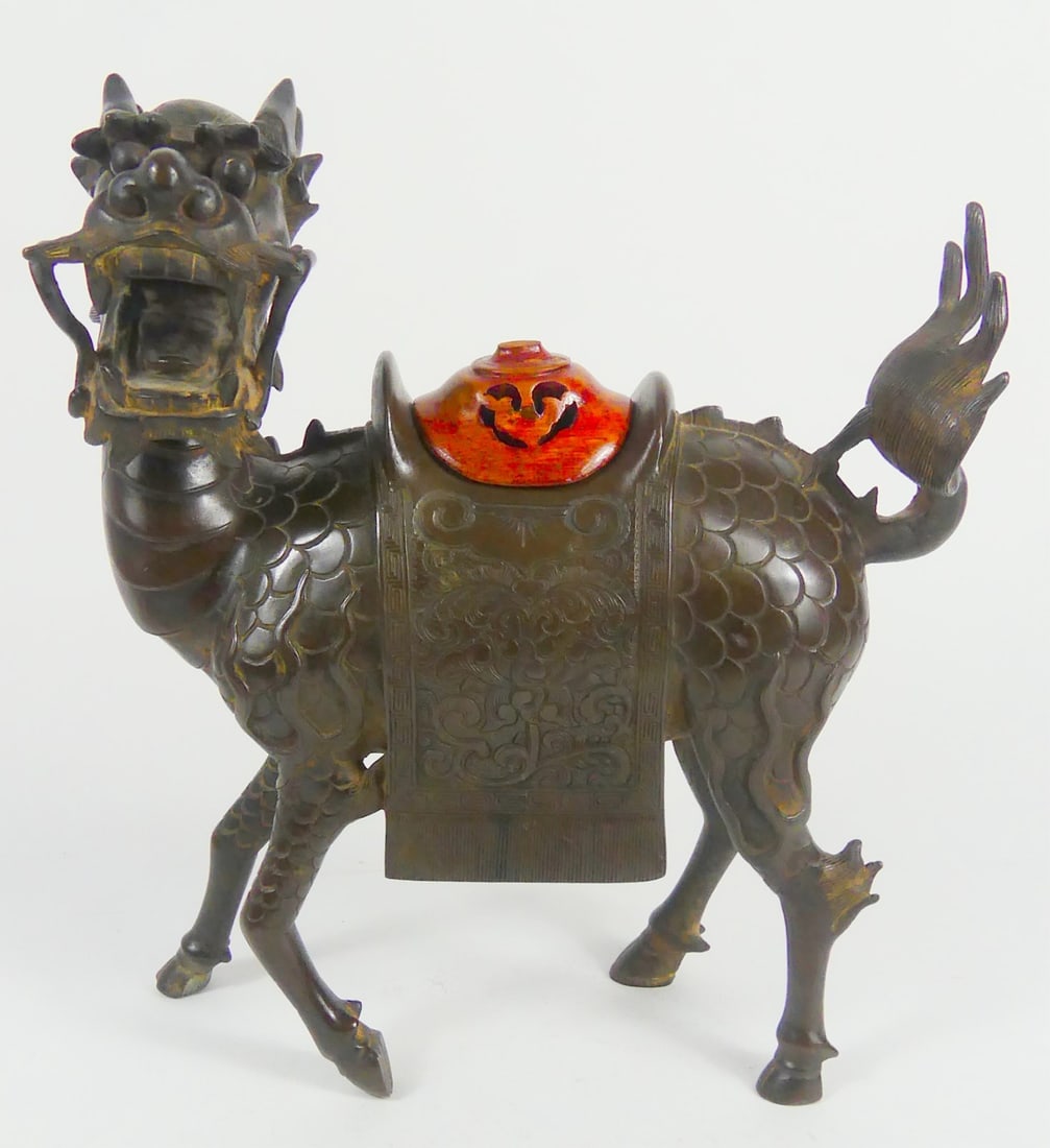 CHINESE BRONZE QILIN INCENSE BURNER (1 of 6)