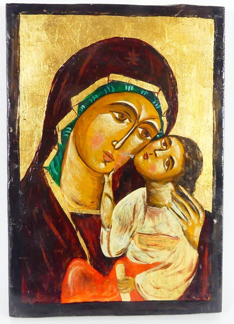 RUSSIAN 'MADONNA & CHILD' GILT & PAINTED WOOD ICON (1 of 3)