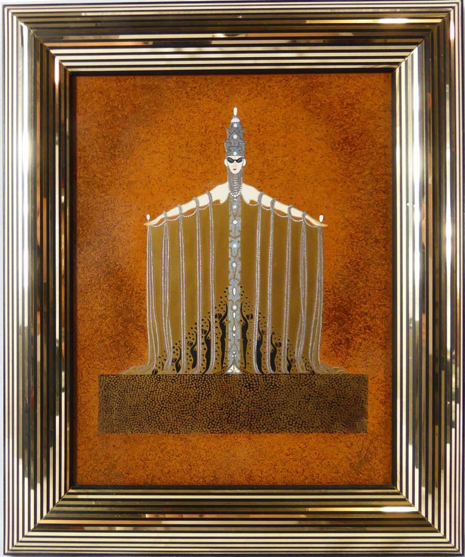 ERTE 'ADORATION' ENAMEL ON METAL: Erte enamel on metal titled 'Adoration'. Signed lower right. Numbered 13/495 lower left. Measures 11" x 8 5/8" + 1 3/4" frame.