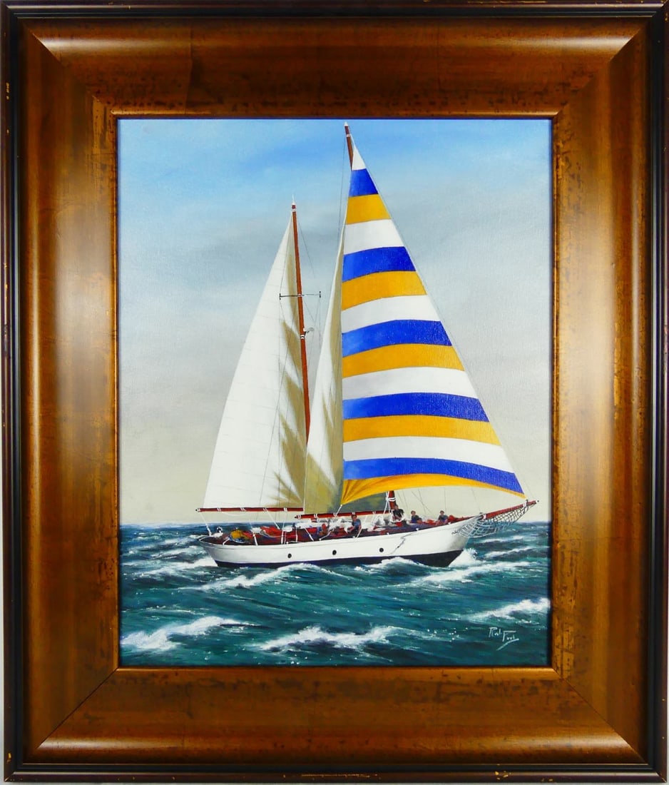 SAILBOAT OIL PAINTING ON CANVAS 'ADRIA II' SIGNED: Oil painting on canvas depicting a sailboat. Signed illegibly lower right Rob Fayt (?). Titled 'Adria II' to verso. Measures 19 1/2" x 15 1/2" + 4" frame.
