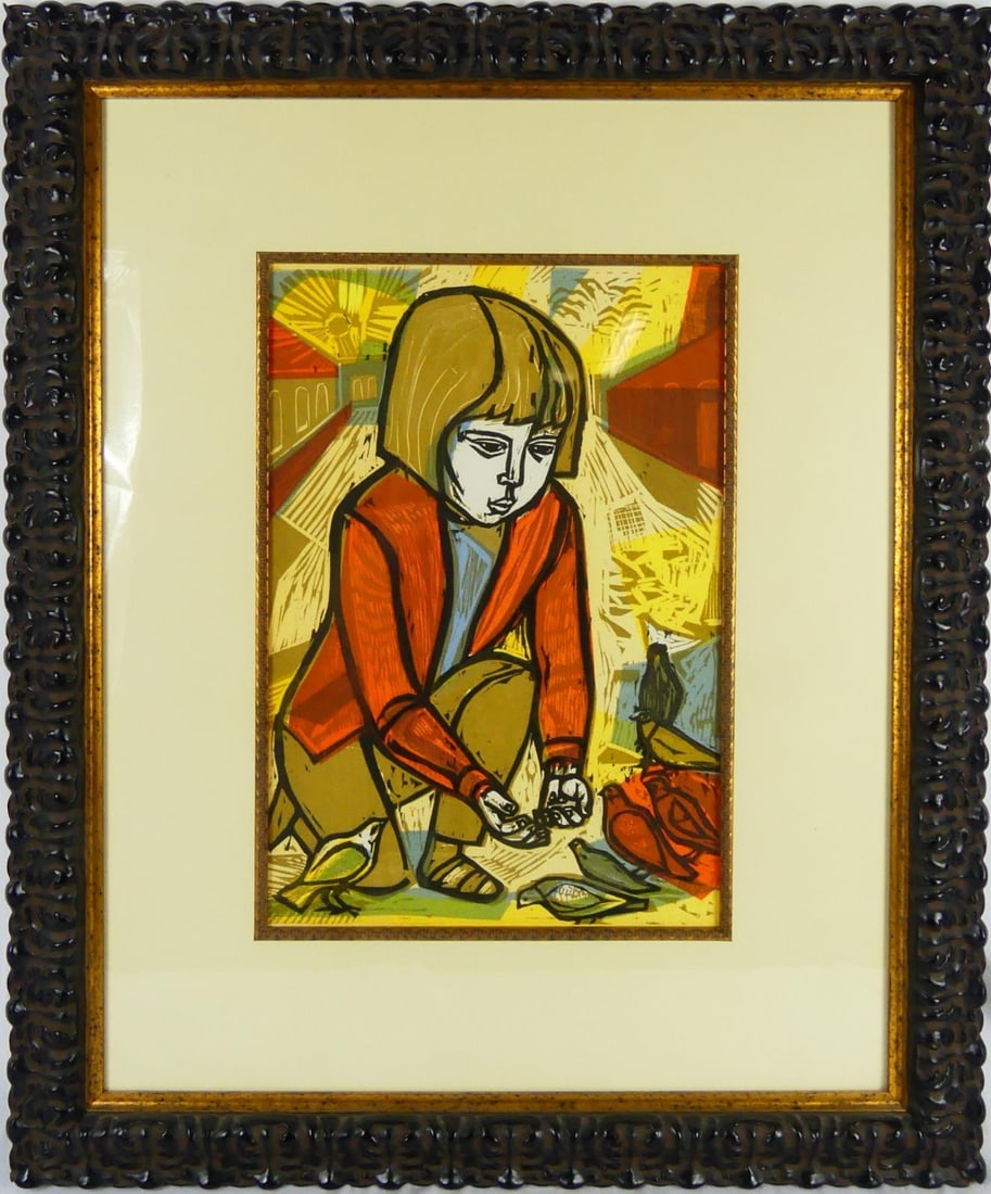 IRVING AMEN 'PIGEONS IN THE PIAZZA' WOODCUT (1 of 5)