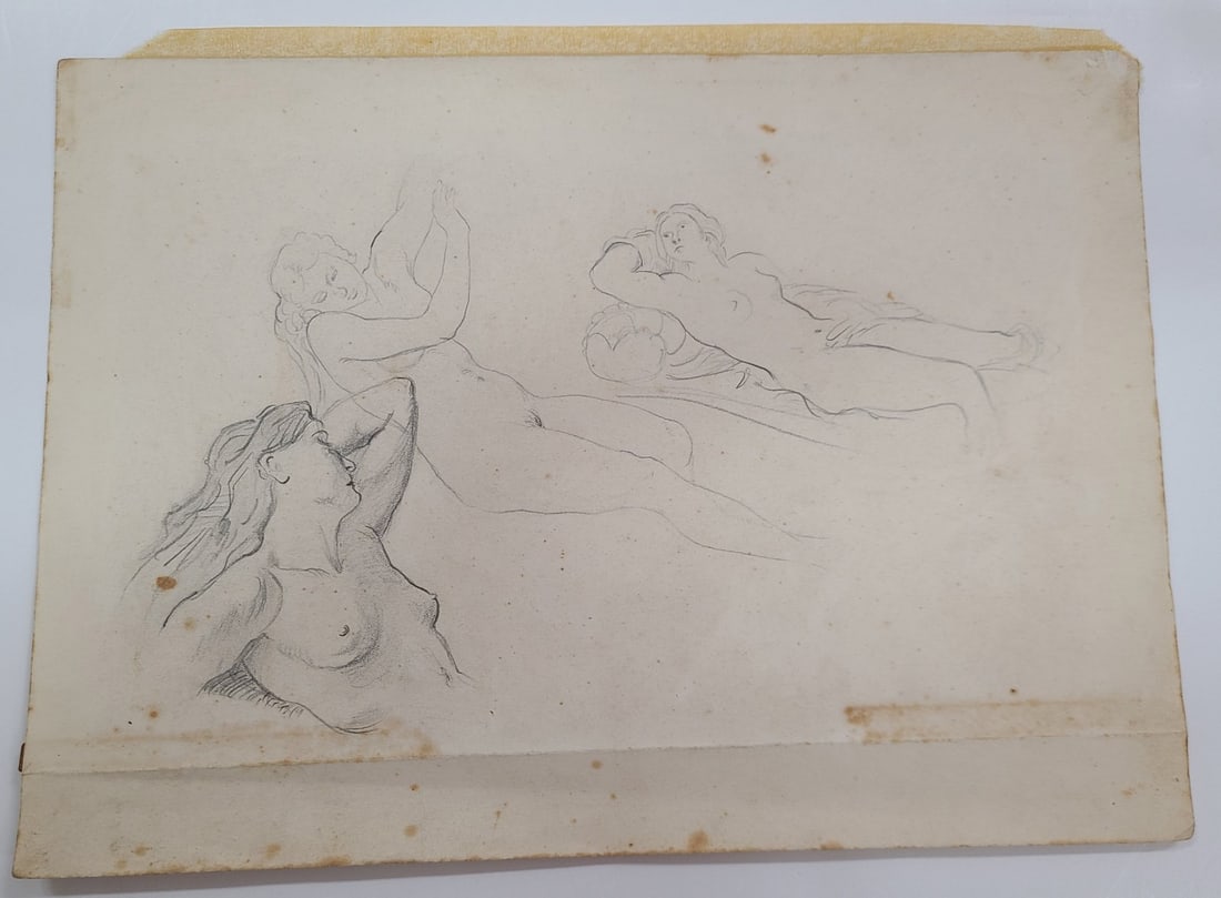 NUDE STUDY PENCIL DRAWING ON PAPER: Academic pencil drawing on paper depicting reclining nudes. Measures 13" x 9 5/8".