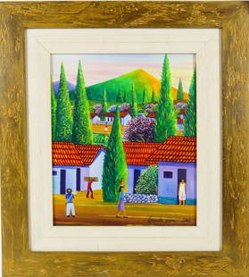 ERNESTO LOPEZ FOLK ART ACRYLIC PAINTING ON BOARD: Ernest Lopez Latin American School acrylic painting on canvas depicting a village scene. Signed lower right and dated 2001. Measures 11 1/4" x 9 3/4" + 3 1/4" frame.