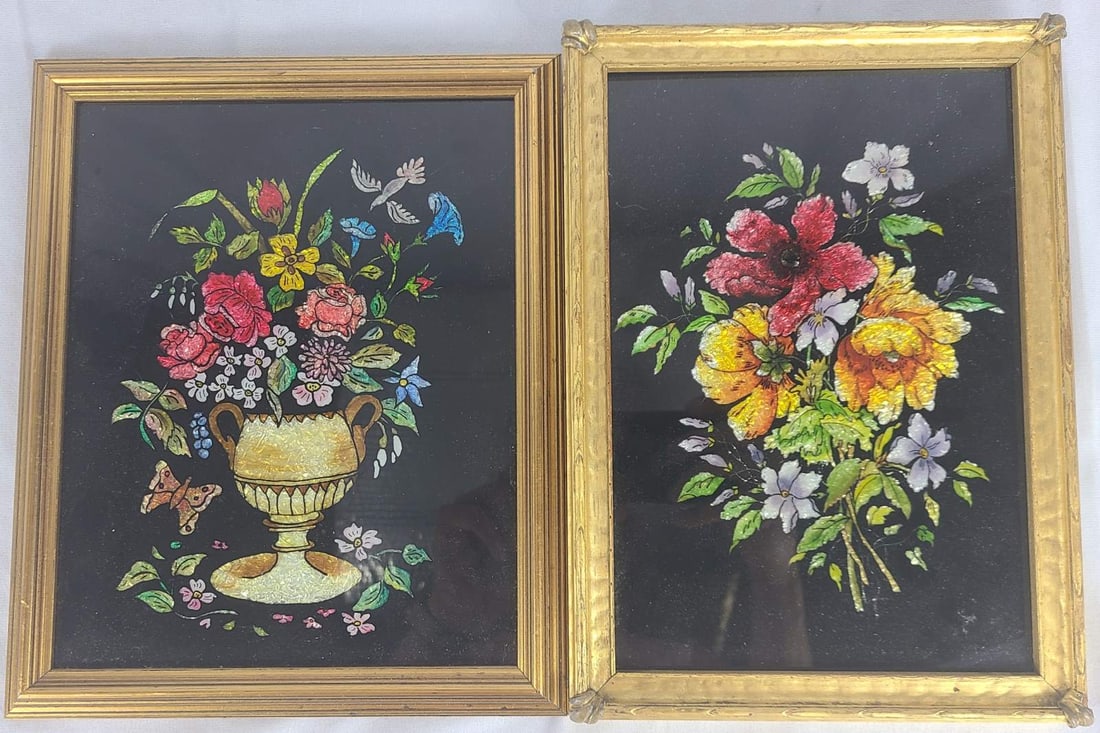 2pc AMERICAN FOLK ART TINSEL PAINTINGS (1 of 4)