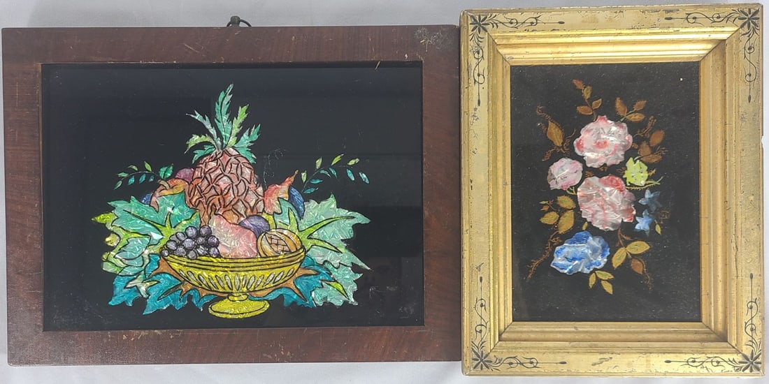 2pc AMERICAN FOLK ART TINSEL PAINTINGS (1 of 4)