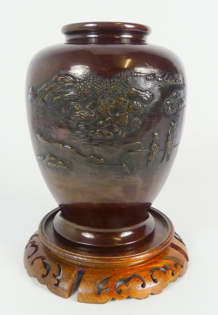 ASIAN BRONZE VASE w FIGURES & PAGODA IN RELIEF (1 of 6)