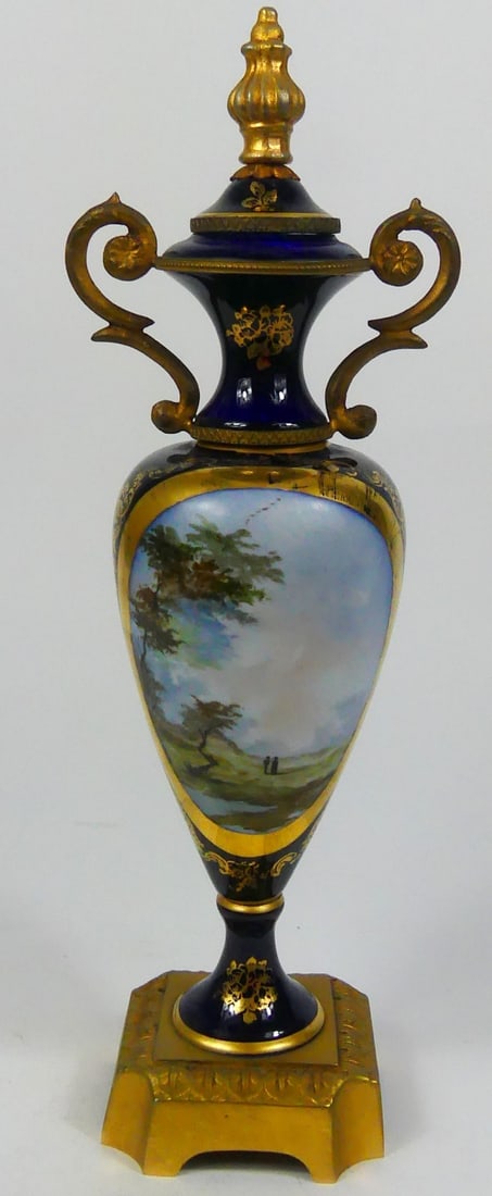 FRENCH SEVRES STYLE GILT METAL MOUNTED COBALT URN (1 of 6)