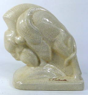 LOUIS FONTINELLE FRENCH CERAMIC BISON SCULPTURE: Louis Fontinelle French crackle glazed ceramic bison sculpture. Signed to base. Measures 7" h x 7" l x 2 3/4" d.