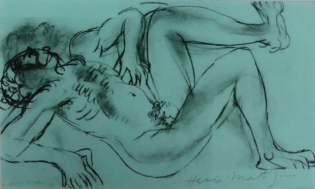 HENRI MATISSE 'POLYPHEME' PENCIL SIGNED LITHOGRAPH: Henri Matisse lithograph on blue paper depicting a reclining nude figure. Plate signed and titled lower left. Hand signed inpencil lower right. Sheet measures 8 1/4" x 5".