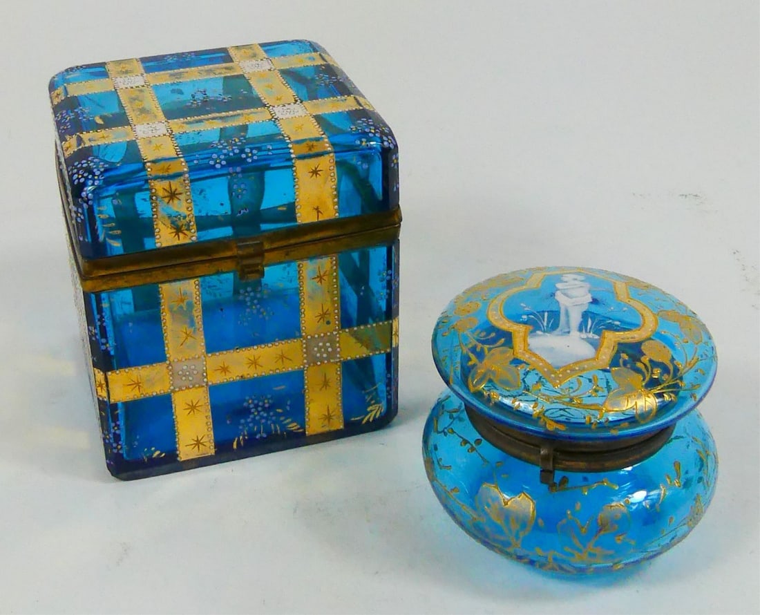 2pc FRENCH GILT BLUE GLASS HINGED BOXES (1 of 6)