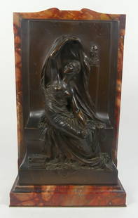 HENRI CHAPU BRONZE PLAQUE THIEBAUT FRERES FONDEURS: Henri-Michel-Antoine Chapu (French, 1833-1891) bronze plaque mounted to rouge marble. Titled 'La Pensee'. Signed H. Chapu and holds Thiebaut Freres Fondeurs foundry mark. Measures 16 3/4" h x 9 3/4" w