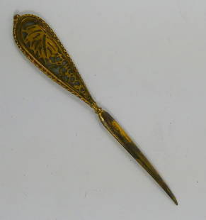 TIFFANY STUDIOS GRAPEVINE BRONZE LETTER OPENER: Tiffany Studios Grapevine bronze and Favrille glass letter opener. Marked Tiffany Studios, New York and measures 9 1/4" x 1 1/4" x 1/4".