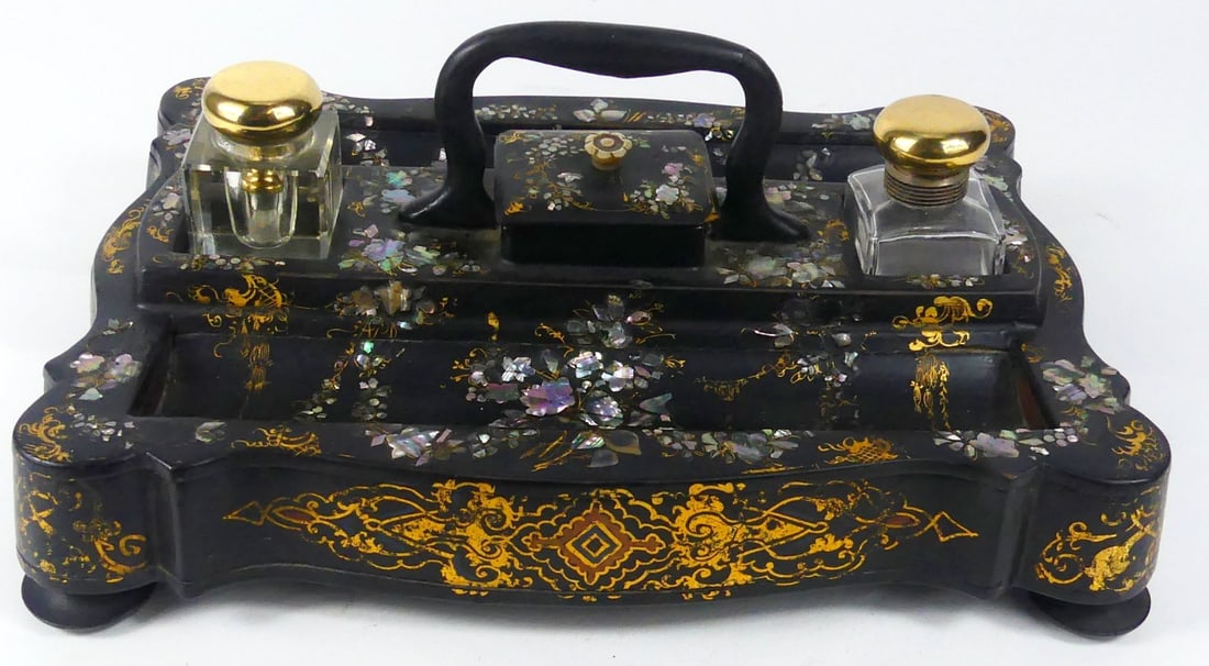 ABALONE INLAID PAPIER MACHE LACQUER DESK SET (1 of 7)