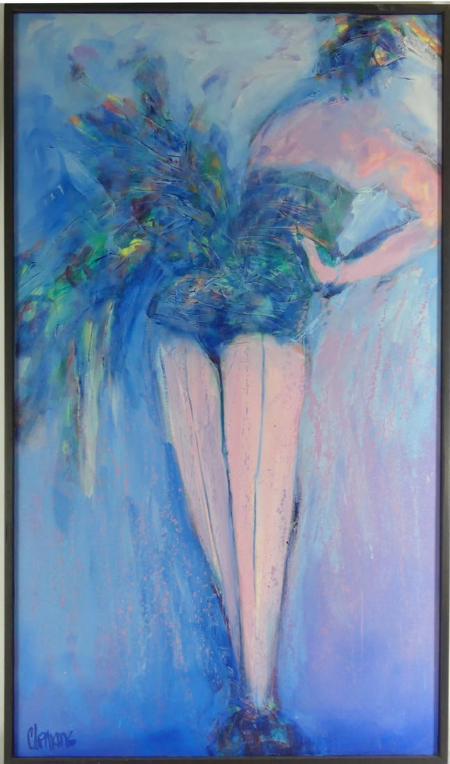 RON CLEMONS 'THE ENTERTAINER' OIL ON CANVAS: Key West artist Ron Clemons oil painting on canvas depicting a dancer. Titled 'The Entertainer' and dated 1985 to verso. Signed lower left. Sight 46" x 26". Frame measures 47 3/4" x 27" x 2 1/2'.