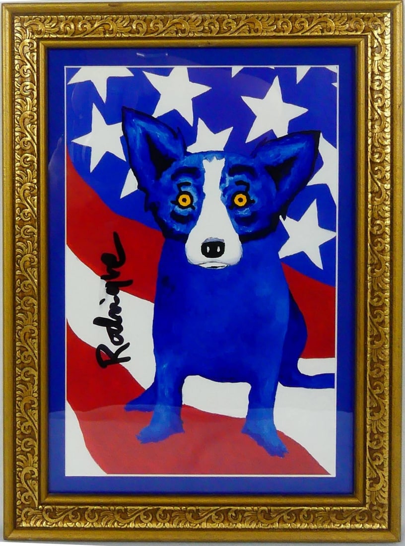GEORGE RODRIGUE 'BLUE DOG w FLAG' SIGNED PRINT (1 of 5)