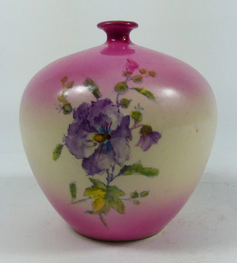 ROYAL BONN PINK FLORAL PORCELAIN SQUAT VASE: Royal Bonn pink floral porcelain squat vase. Marked to underside. Measures 4 5/8" h x 4 1/8" x 4 1/8".