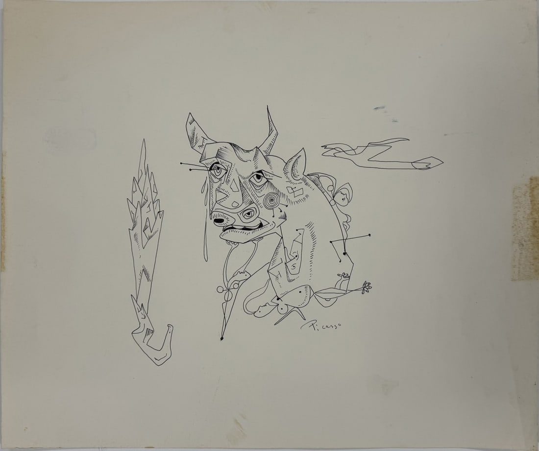 PABLO PICASSO STYLE INK DRAWING ON PAPER: Pablo Picasso style ink drawing on paper depicting an abstract scene with beast. Signed lower right. Holds Anton Beria Wien studio stamps to verso. Sheet measures 20 3/4" x 18".