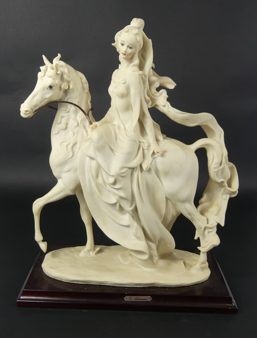 GIUSEPPE ARMANI 'LADY RIDING HORSE' SCULPTURE: Giuseppe Armani Italian sculpture titled "Lady Riding Horse" number 0695F. Signed and marked to base. Measures 13" h x 10 1/2" l.