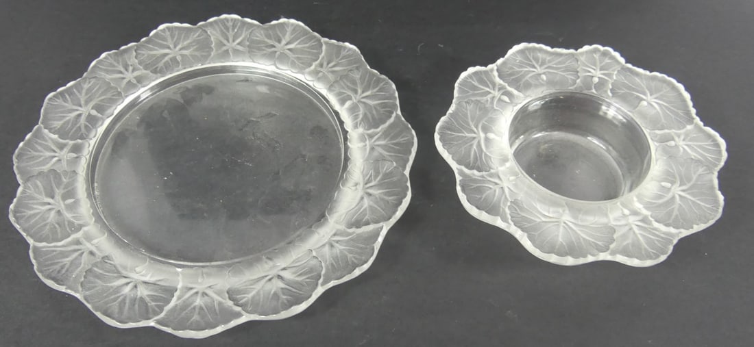2pc LALIQUE HONFLEUR FROSTED GLASS BOWL & DISH (1 of 6)