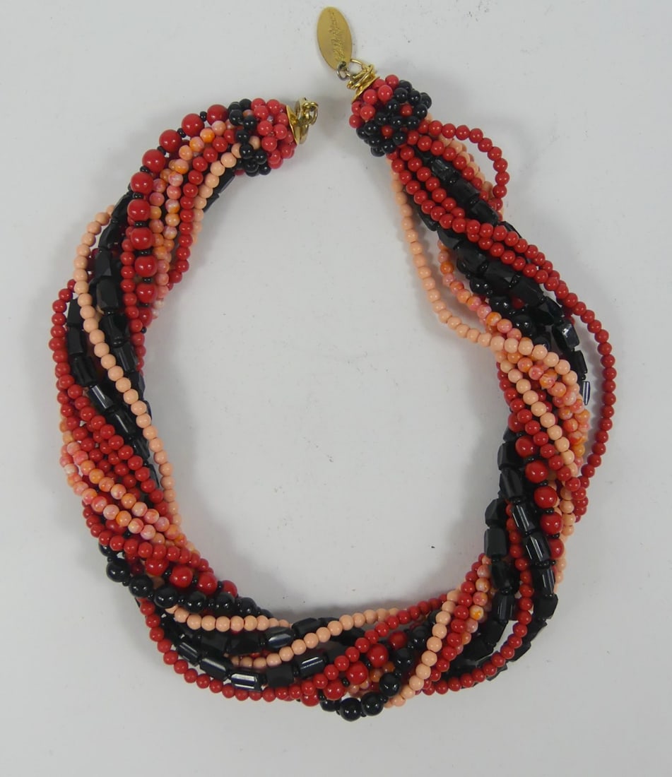 12 STRAND CORAL & ONYX BEADED NECKLACE (1 of 4)