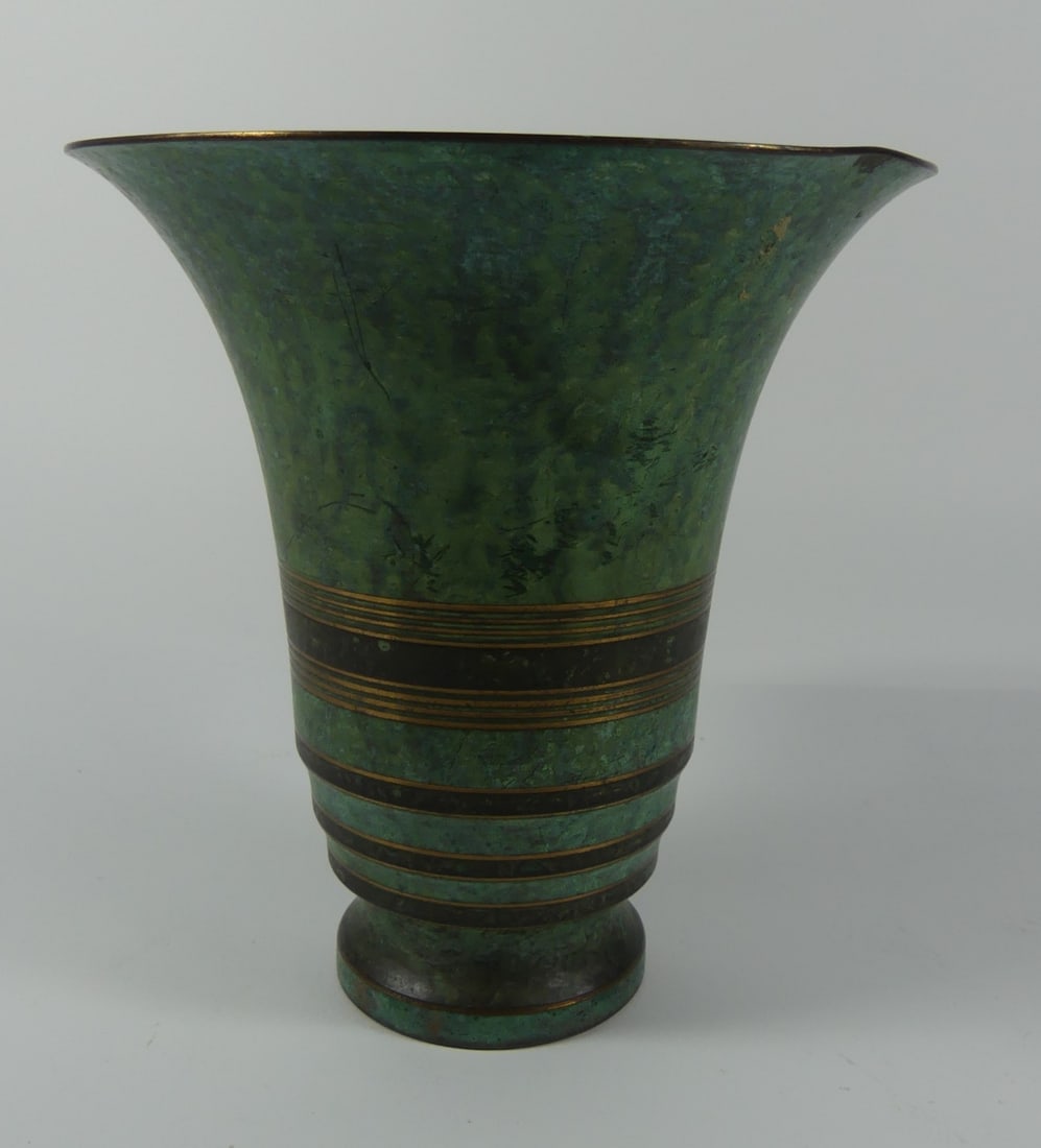 CARL SORENSON VERDIGRIS BRONZE VASE w FLOWER FROG (1 of 6)