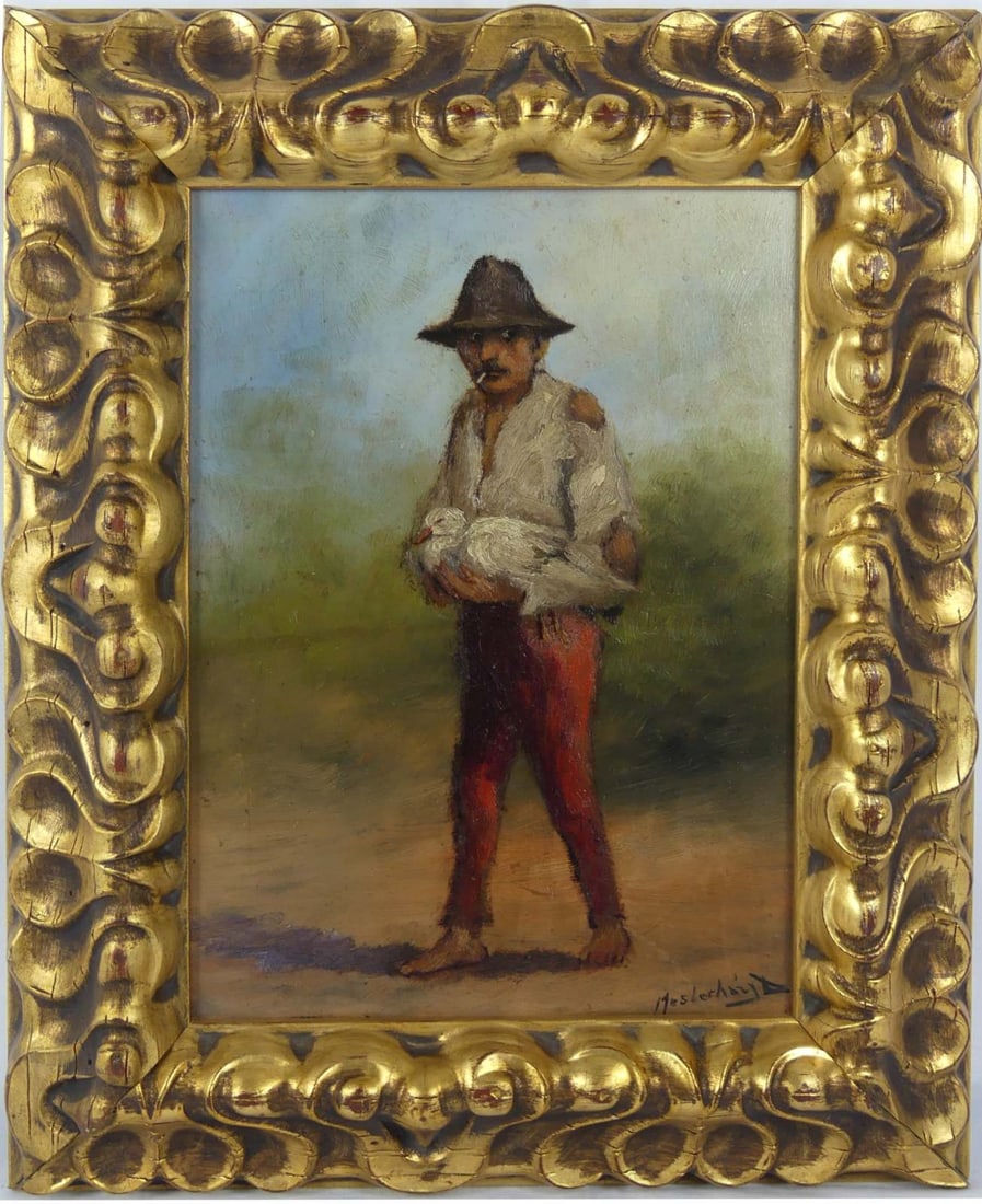 MESTERHAZY HUNGARIAN 'DUCK THIEF' PAINTING / BOARD: Denes Mesterhazy (Hungarian, 1900-1949) oil painting on board depicting a figure with duck. Signed lower right. Viewable measures 13" x 9 3/8". Frame measures 19 1/4" x 15 1/2".