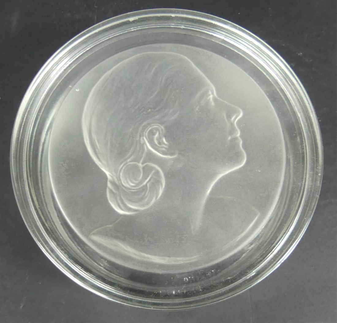 VAL ST LAMBERT FROSTED GLASS PORTRAIT POWDER BOX: Val St Lambert glass powder box with etched design depicted a profile portrait of a woman to cover. Marked Val St Lambert Belgique to cover and to base. Measures 4 3/4" diameter.