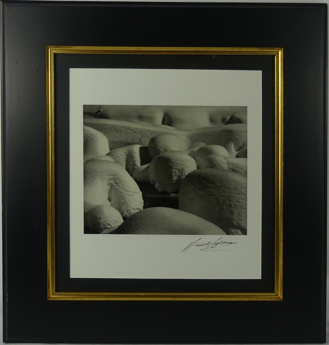ANSEL ADAMS 'SNOW HUMMOCKS AT VALLEY VIEW' SIGNED: Ansel Adams photo-litho titled 'Snow Hummocks at Valley View, Yosemite National Park'. Hand signed lower right. Viewable measures 12 3/8" x 11". Frame measures 20 1/4" x 19".