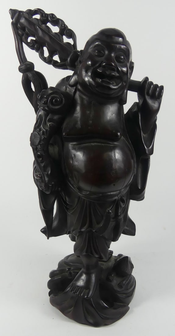 CHINESE CARVED WOODEN HOTEI BUDDHA: Chinese carved wooden Happy Buddha. Measures 17 1/2" height.