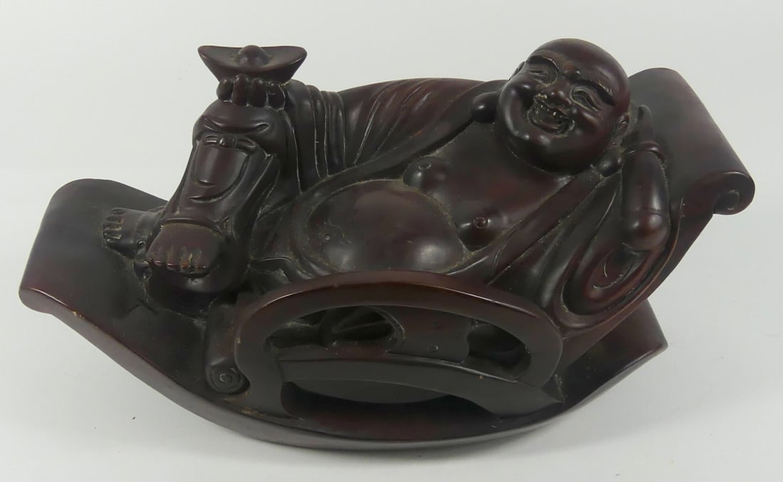 CHINESE CARVED WOOD HOTEI BUDDHA: Chinese carved wood Happy Buddha in rocking chair. Measures 11 1/2" l x 7 1/2" h.
