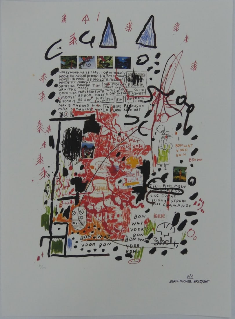JEAN-MICHEL BASQUIAT 'HOLLYWOOD 1986' OFFSET LITHO: Jean-Michel Basquiat offset lithograph. Signed in the plate lower right. Pencil numbered 71/300 lower left. Sheet measures 27 1/2" x 19 3/8"