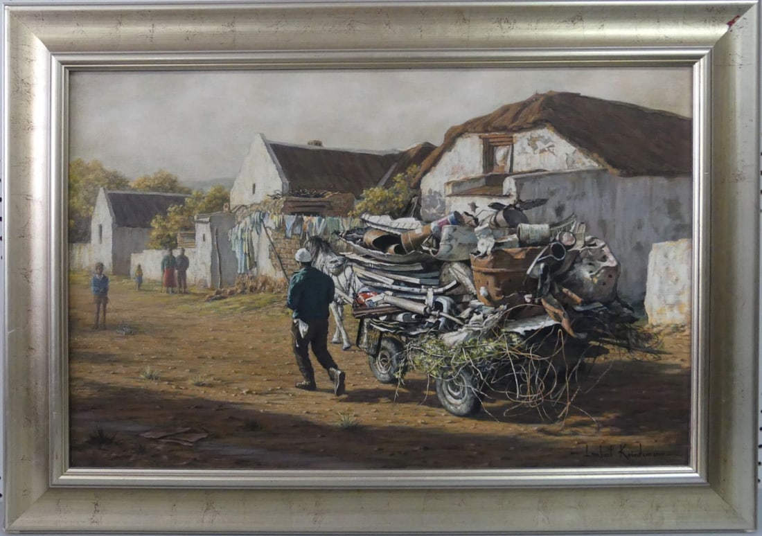 LAMERT KRIEDEMANN 'HORSE DRAWN CART' OIL ON CANVAS: Lambert Kriedemann (Born 1951) oil painting on canvas depicting a man with horse drawn cart approaching a small village. Signed lower right. Viewable measures 29" x 19 1/4". Frame measures 36" x 26".