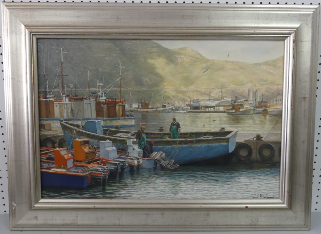 LAMERT KRIEDEMANN 'FISHERMAN' OIL ON CANVAS: Lambert Kriedemann (Born 1951) oil painting on canvas depicting fisherman at a port. Signed lower right. Viewable measures 28 3/4" x 18 3/4". Frame measures 37 1/2' x 27 1/2".
